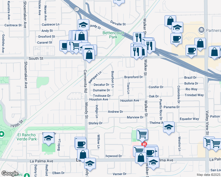 map of restaurants, bars, coffee shops, grocery stores, and more near 5211 Dumaine Drive in La Palma