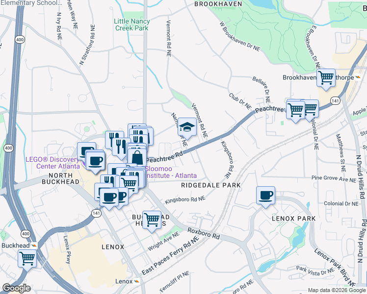 map of restaurants, bars, coffee shops, grocery stores, and more near 3707 Manor Brook Court North East in Atlanta