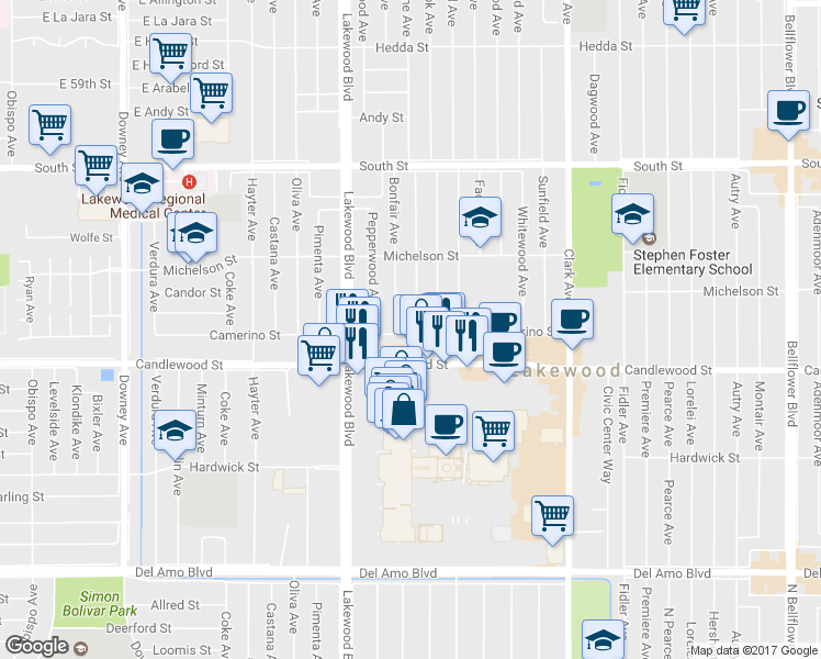 map of restaurants, bars, coffee shops, grocery stores, and more near 5403 Blackthorne Avenue in Lakewood