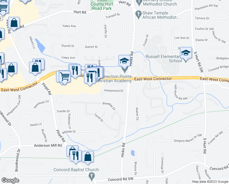 map of restaurants, bars, coffee shops, grocery stores, and more near 717 Peteywood Drive in Austell