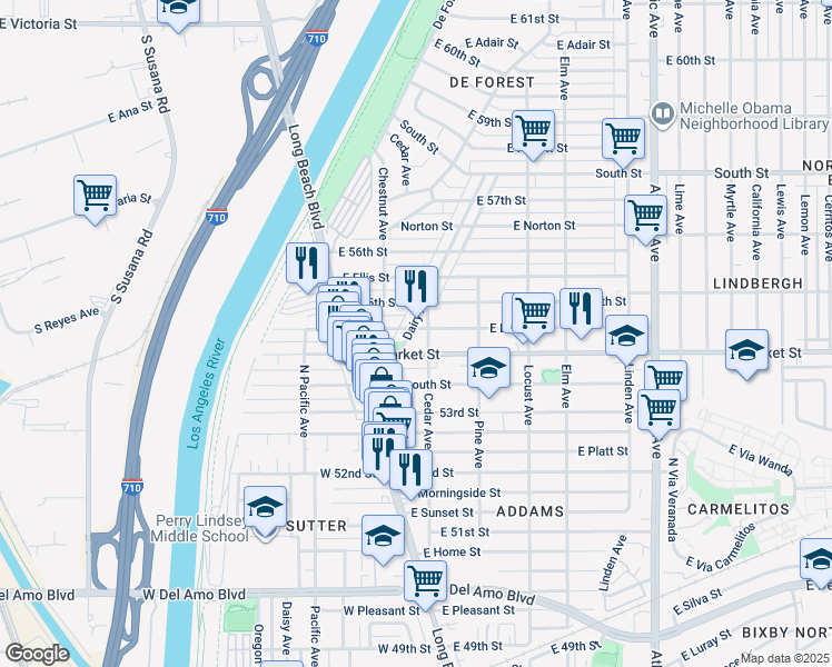 map of restaurants, bars, coffee shops, grocery stores, and more near 5436 Dairy Avenue in Long Beach
