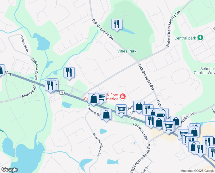 map of restaurants, bars, coffee shops, grocery stores, and more near 308 Sweet Ashley Way in Loganville