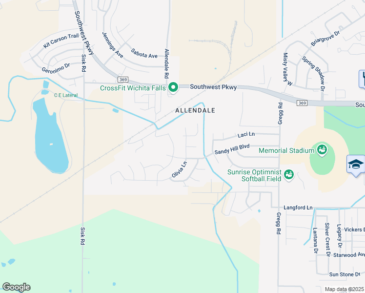 map of restaurants, bars, coffee shops, grocery stores, and more near 4824 Olivia Lane in Wichita Falls