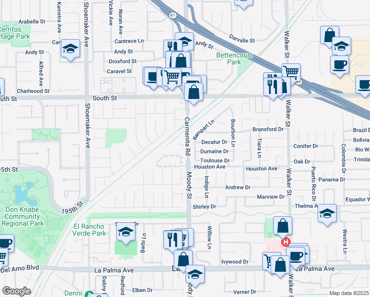 map of restaurants, bars, coffee shops, grocery stores, and more near 19319 Carmenita Road in Cerritos
