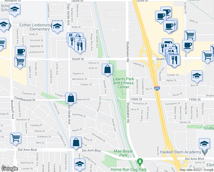 map of restaurants, bars, coffee shops, grocery stores, and more near 5356 Stevely Avenue in Lakewood