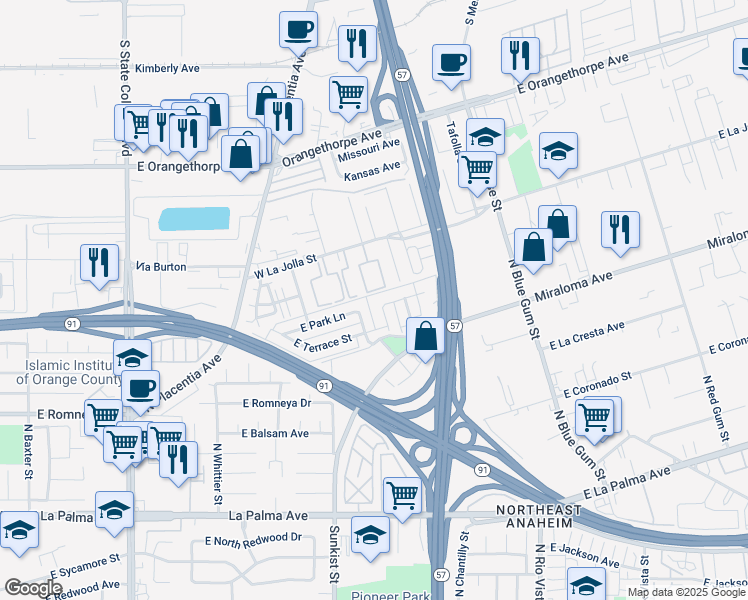 map of restaurants, bars, coffee shops, grocery stores, and more near 2611 East Park Lane in Anaheim