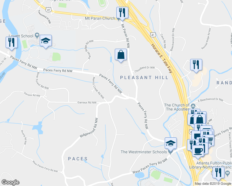 map of restaurants, bars, coffee shops, grocery stores, and more near 3670 Ridgewood Road Northwest in Atlanta