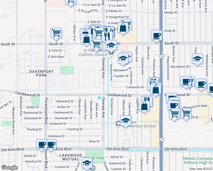map of restaurants, bars, coffee shops, grocery stores, and more near 5408 Downey Avenue in Lakewood