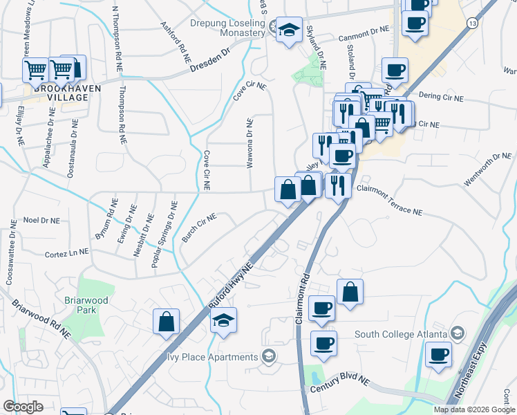 map of restaurants, bars, coffee shops, grocery stores, and more near 2007 Drew Valley Road Northeast in Atlanta