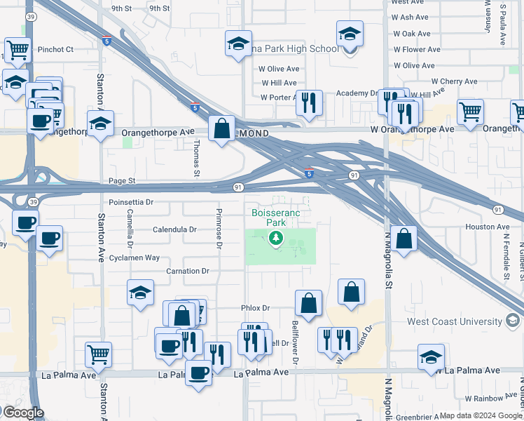map of restaurants, bars, coffee shops, grocery stores, and more near 1421 North Greenhaven Lane in Anaheim