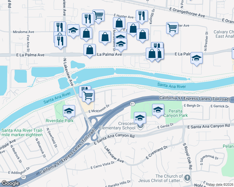 map of restaurants, bars, coffee shops, grocery stores, and more near 4859 East McKay Circle in Anaheim