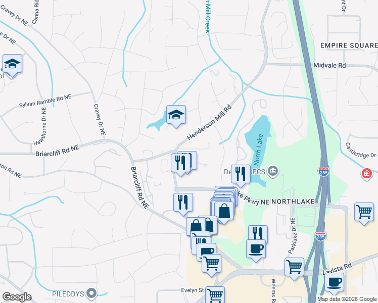 map of restaurants, bars, coffee shops, grocery stores, and more near 3193 Amblewood Court in Atlanta