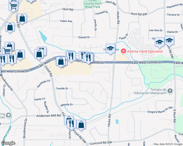 map of restaurants, bars, coffee shops, grocery stores, and more near 750 Peteywood Drive in Austell