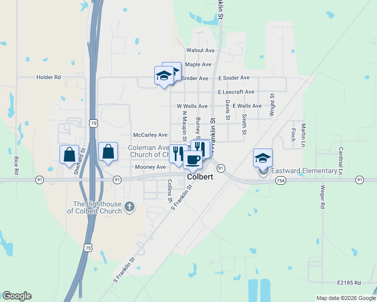 map of restaurants, bars, coffee shops, grocery stores, and more near 205 North Maupin Street in Colbert