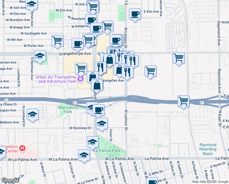 map of restaurants, bars, coffee shops, grocery stores, and more near 1600 South Pomona Avenue in Fullerton