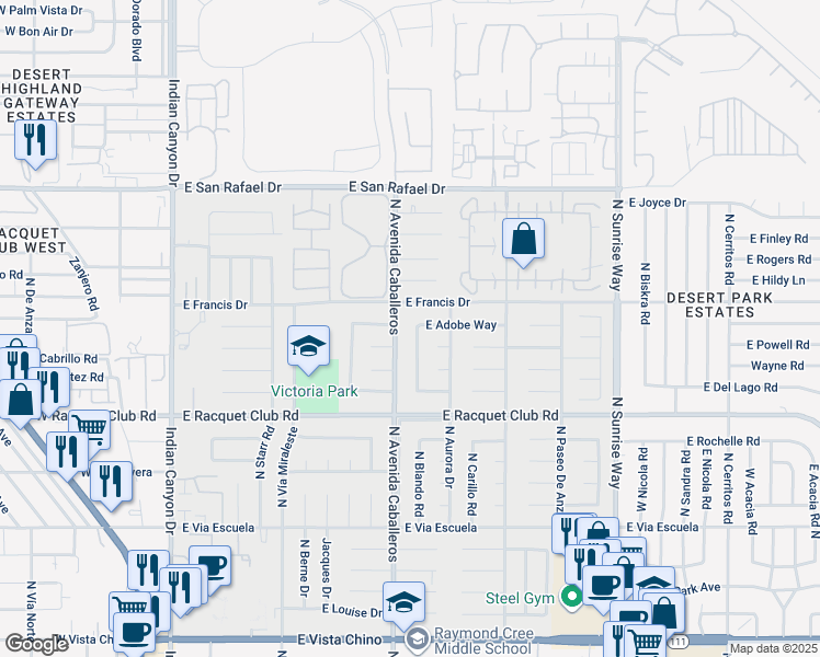 map of restaurants, bars, coffee shops, grocery stores, and more near 2745 North Kitty Hawk Drive in Palm Springs