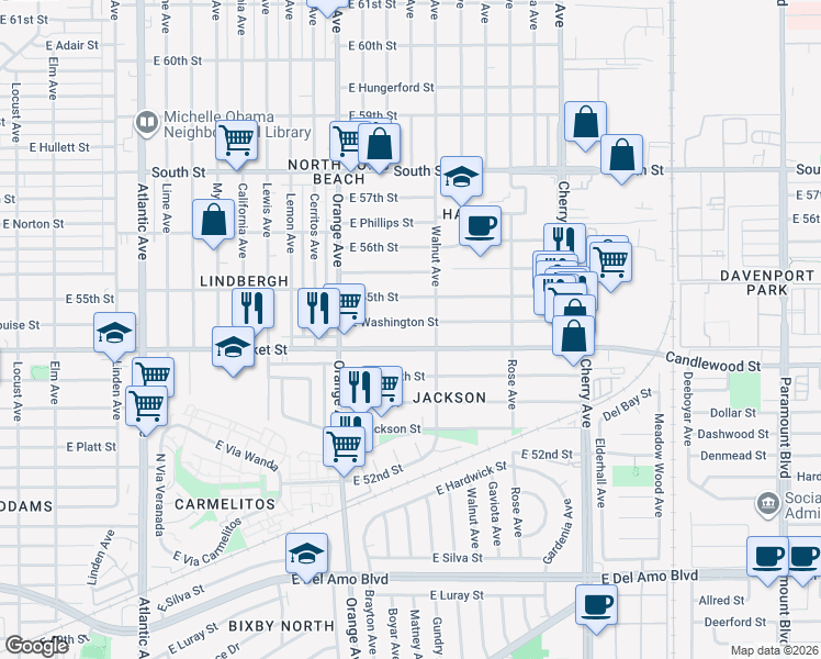 map of restaurants, bars, coffee shops, grocery stores, and more near 1436 East Washington Street in Long Beach