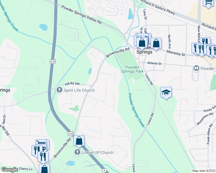 map of restaurants, bars, coffee shops, grocery stores, and more near 4035 Woodbridge Court in Powder Springs