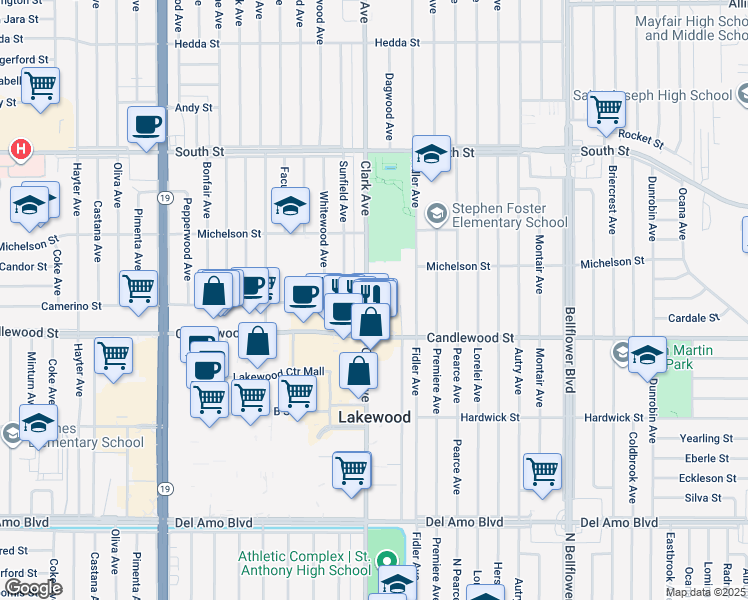 map of restaurants, bars, coffee shops, grocery stores, and more near 5400 Clark Avenue in Lakewood