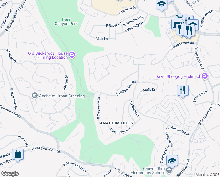 map of restaurants, bars, coffee shops, grocery stores, and more near 975 South Tristania Lane in Anaheim