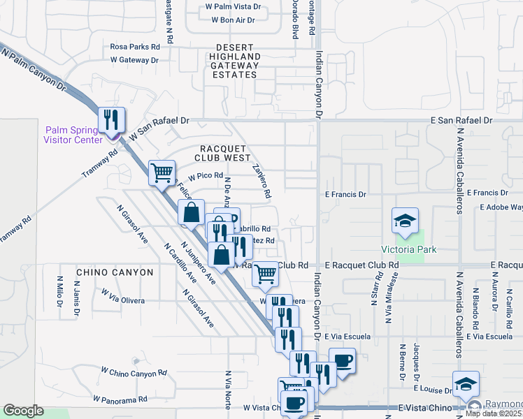 map of restaurants, bars, coffee shops, grocery stores, and more near 360 Cabrillo Road in Palm Springs