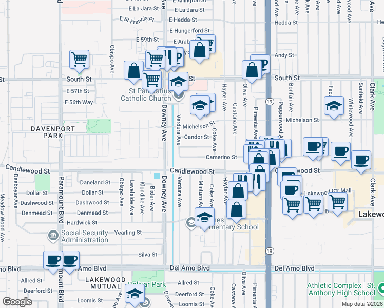 map of restaurants, bars, coffee shops, grocery stores, and more near 3633 Camerino Street in Lakewood