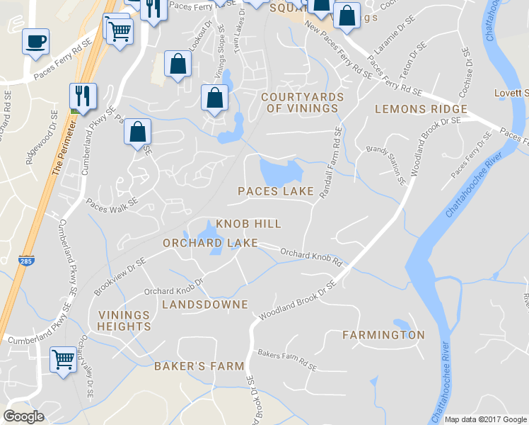 map of restaurants, bars, coffee shops, grocery stores, and more near 2897 Knob Hill Drive Southeast in Atlanta