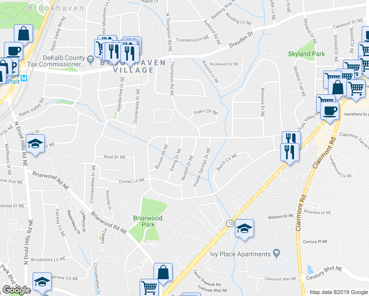 map of restaurants, bars, coffee shops, grocery stores, and more near 2389 Ewing Drive Northeast in Atlanta