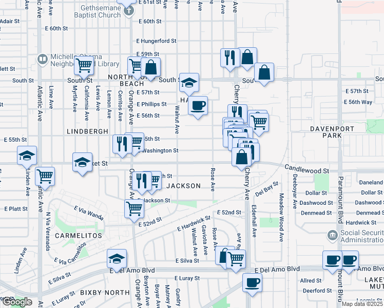map of restaurants, bars, coffee shops, grocery stores, and more near 1694 East Washington Street in Long Beach