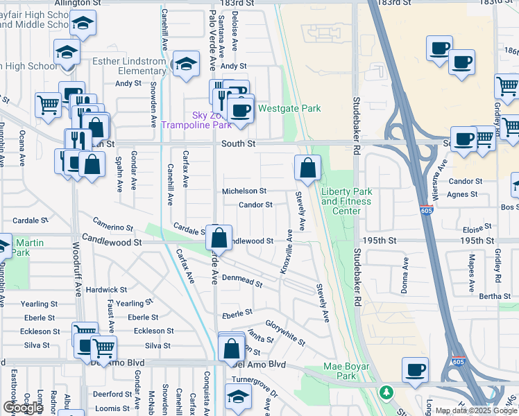 map of restaurants, bars, coffee shops, grocery stores, and more near 5357 Iroquois Avenue in Lakewood