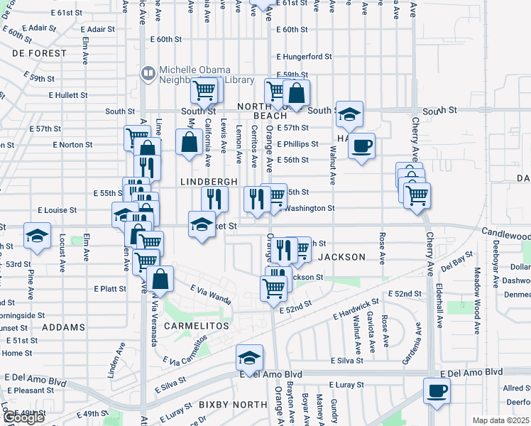 map of restaurants, bars, coffee shops, grocery stores, and more near 5429 Orange Avenue in Long Beach