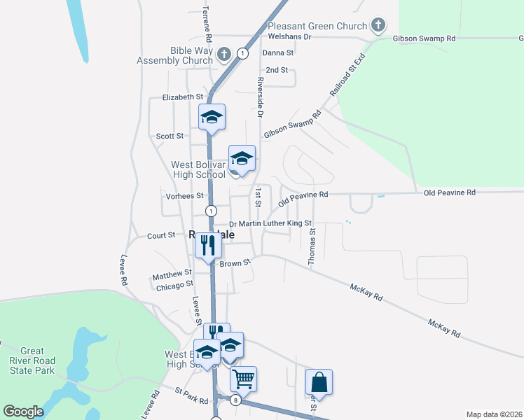 map of restaurants, bars, coffee shops, grocery stores, and more near 517 Clark Street in Rosedale