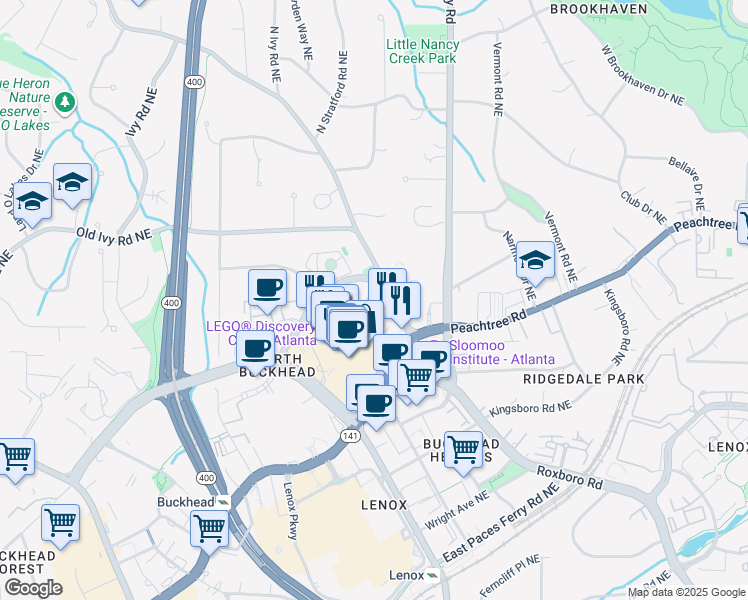 map of restaurants, bars, coffee shops, grocery stores, and more near 6 Park Avenue Northeast in Atlanta