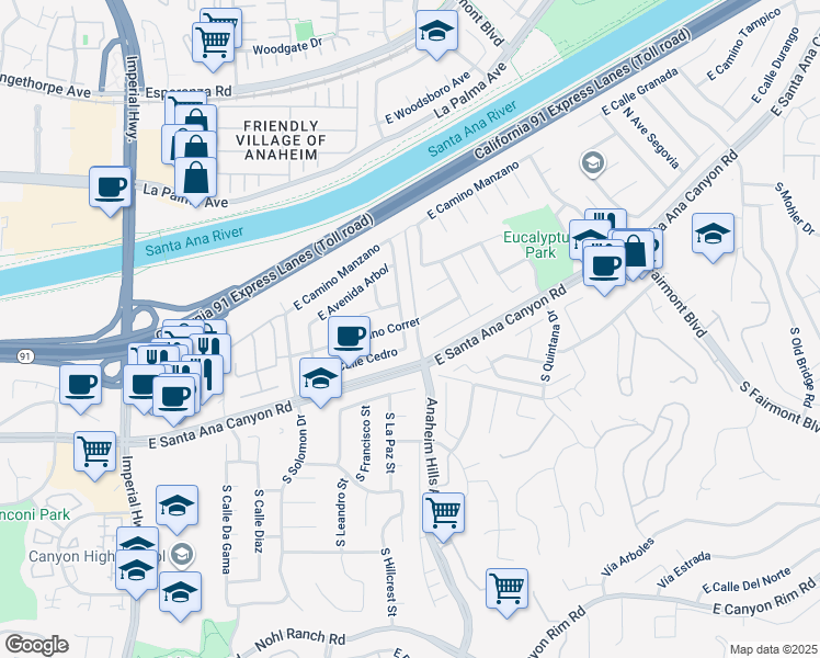 map of restaurants, bars, coffee shops, grocery stores, and more near 124 North Avenida Palmera in Anaheim