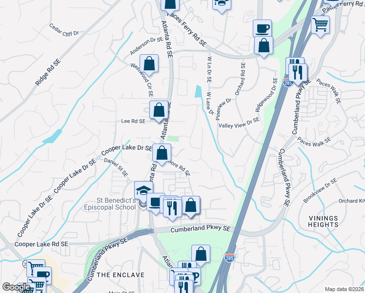 map of restaurants, bars, coffee shops, grocery stores, and more near 2213 Vinings North Lane Southeast in Smyrna