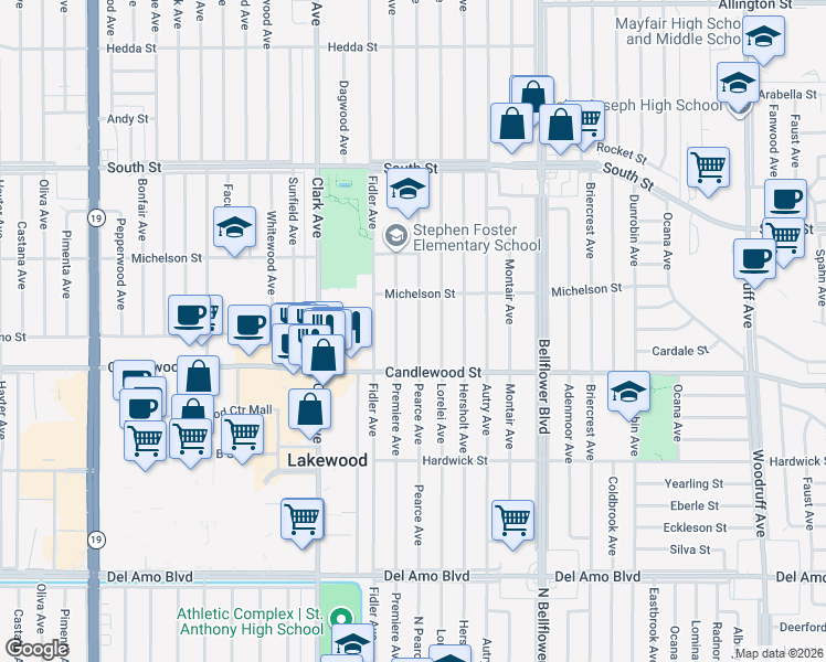 map of restaurants, bars, coffee shops, grocery stores, and more near 5404 Pearce Avenue in Lakewood