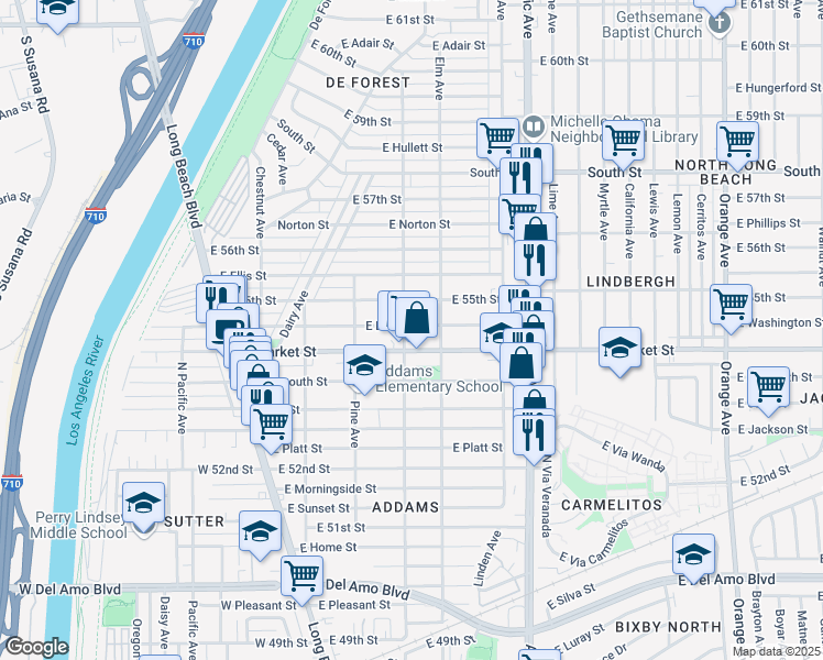 map of restaurants, bars, coffee shops, grocery stores, and more near 310 East Louise Street in Long Beach