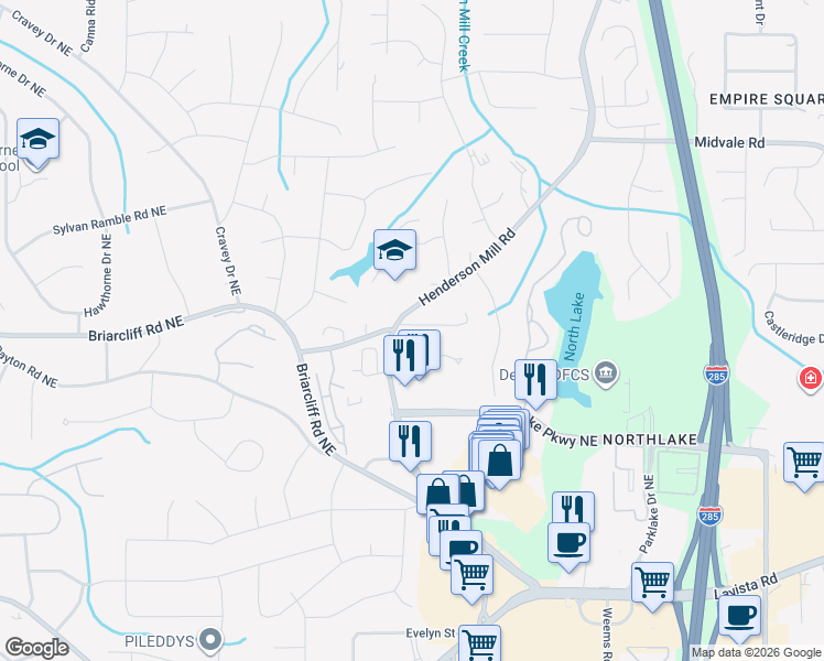 map of restaurants, bars, coffee shops, grocery stores, and more near 3183 Amblewood Court in Atlanta