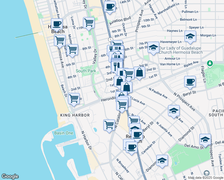 map of restaurants, bars, coffee shops, grocery stores, and more near 621 1st Street in Hermosa Beach