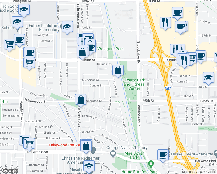 map of restaurants, bars, coffee shops, grocery stores, and more near 5361 Knoxville Avenue in Lakewood