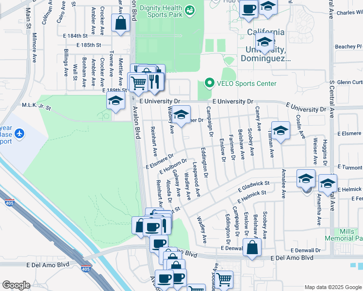 map of restaurants, bars, coffee shops, grocery stores, and more near 19415 Leapwood Avenue in Carson