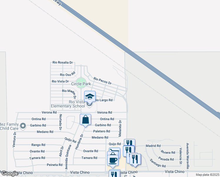 map of restaurants, bars, coffee shops, grocery stores, and more near 67870 Rio Vista Drive in Cathedral City