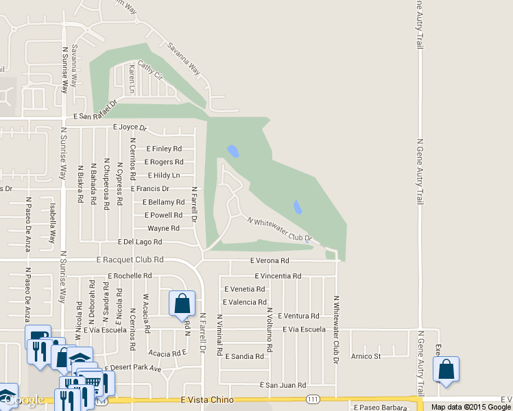 map of restaurants, bars, coffee shops, grocery stores, and more near 2548 North Whitewater Club Drive in Palm Springs