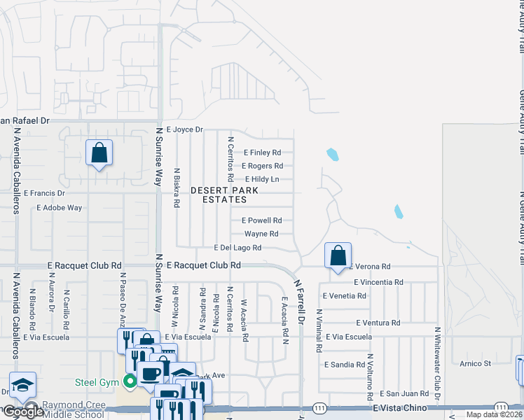 map of restaurants, bars, coffee shops, grocery stores, and more near 2347 East Bellamy Road in Palm Springs