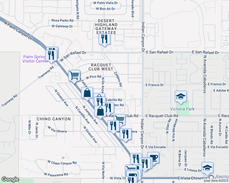map of restaurants, bars, coffee shops, grocery stores, and more near 375 West Dominguez Road in Palm Springs