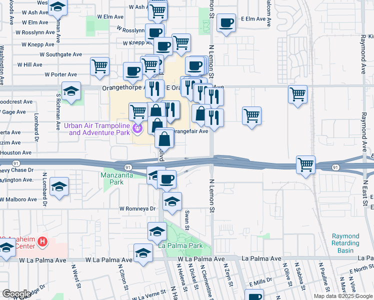 map of restaurants, bars, coffee shops, grocery stores, and more near 1611 South Pomona Avenue in Fullerton