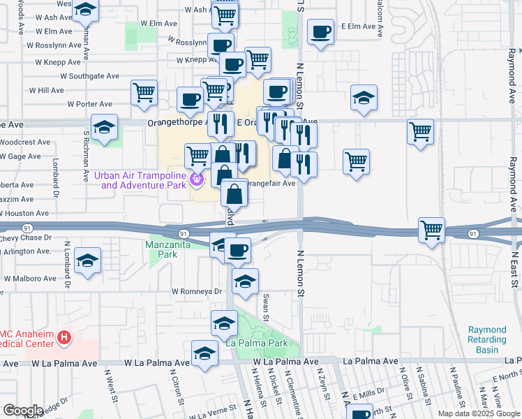 map of restaurants, bars, coffee shops, grocery stores, and more near 1611 South Pomona Avenue in Fullerton