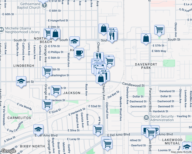 map of restaurants, bars, coffee shops, grocery stores, and more near 5439 Cherry Avenue in Long Beach