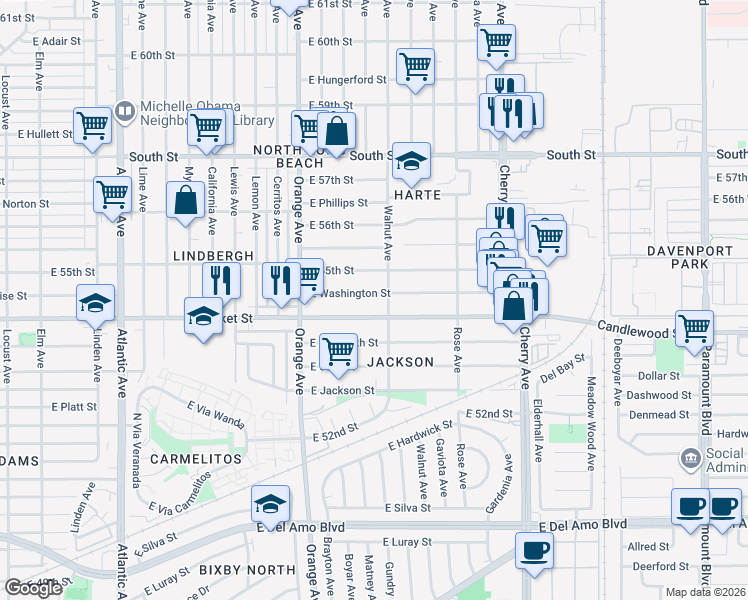 map of restaurants, bars, coffee shops, grocery stores, and more near 1436 East Washington Street in Long Beach