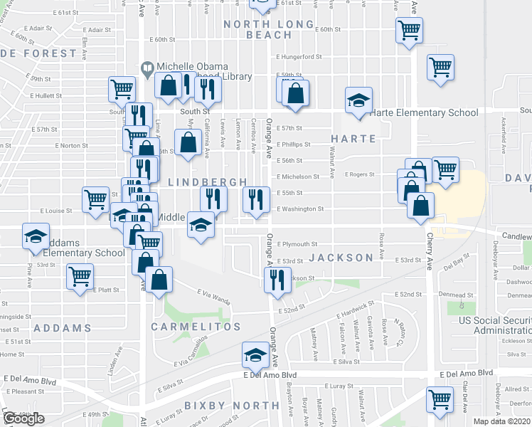 map of restaurants, bars, coffee shops, grocery stores, and more near 5429 Orange Avenue in Long Beach